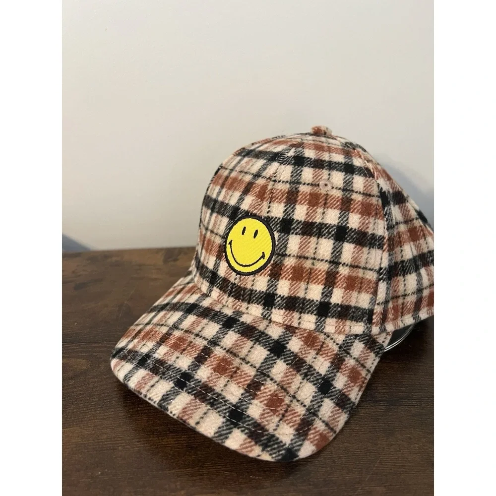 Aerie Plaid Smiley Face Baseball Cap Adjustable Flannel Hat One‎ Size